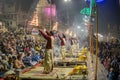 Ganga aarti rituals performed by young priests on the bank of Ganges rivert at Varanasi India. Royalty Free Stock Photo