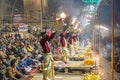 Ganga aarti rituals performed by young priests on the bank of Ganges rivert at Varanasi India. Royalty Free Stock Photo