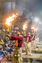 Ganga aarti rituals performed by young priests on the bank of Ganges rivert at Varanasi India. Royalty Free Stock Photo