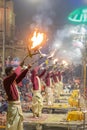 Ganga aarti rituals performed by young priests on the bank of Ganges rivert at Varanasi India. Royalty Free Stock Photo