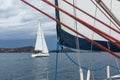 Unidentified sailboats participate in sailing regatta 12th Ellada Autumn-2014 on Aegean Sea. Royalty Free Stock Photo