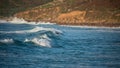 Unidentified surfers riding the rolling waves at Sennen Cove in Cornwall during late sunset Royalty Free Stock Photo