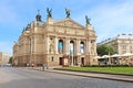 Unidentified tourists near Solomiya Krushelnytska State Academic Opera and Ballet Theatre