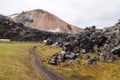 Unidentified tourists trekking at national park Landmannalaugar,Iceland.