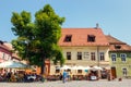 Unidentified tourists walking in historic town Sighisoara. City in which was born Vlad Tepes, Royalty Free Stock Photo