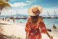 Unidentified woman savoring a sun drenched beach vacation and blissful holiday escape