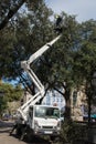 Unidentified worker on tree cutter car at Barcelona, Spain