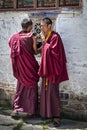 Unidentified Young Tibetan monks in the courtyard of Mindroling Monastery - Zhanang County, Shannan Prefecture, Tibet Royalty Free Stock Photo