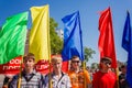 Unidentified youth from patriotic party BRSM holds flags on the celebration of Victory Day Royalty Free Stock Photo