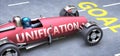 Unification helps reaching goals, pictured as a race car with a phrase Unification on a track as a metaphor of Unification playing