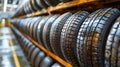 Uniform Tire Array in a Workshop. Concept Tire Stacking, Workshop Organization, Tire Storage, Tire Royalty Free Stock Photo