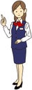A uniformed business woman pointing diagonally upwards