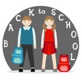 Uniformed elementary school boy and school girl with backpack go back to school. Flat vector illustration