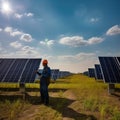 Uniformed engineer in hard hat checking the solar panels. Green energy concept, field of sonic batteries on sunny day. Generative