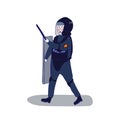 Uniformed police officer standing with a shield and a baton on a white background in cartoon style. Vector illustration with a