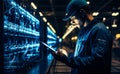 Uniformed young man in a cap standing near the servers looking at his I-pad. Technology, data and internet connection