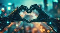 Unifying love concept: human-robot hands create heart shape amidst technology. Automation love Royalty Free Stock Photo