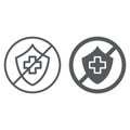 Uninsured line and glyph icon, protection and life, crossed shield sign, vector graphics, a linear pattern on a white