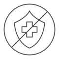 Uninsured thin line icon, protection and life, crossed shield sign, vector graphics, a linear pattern on a white