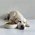 Uninterested Labrador Retriever with a Bowl of Dog Food. Generative ai