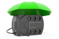 Uninterruptible power supply UPS under umbrella, 3D rendering