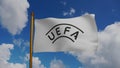 Union of European Football Associations flag waving 3D Render with flagpole and blue sky, UEFA flag, UEFA European