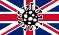 Union Jack flag of United Kingdom of Great Britain with an image of corona virus for the COVID-19 disease. It represents more Royalty Free Stock Photo