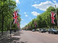 Union Jack Flags Line The Mall Leading to Buckingham Palace in London Royalty Free Stock Photo