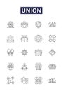 Union line vector icons and signs. Alliance, Unity, Combine, Federal, Merger, Conjugation, Unity, Federation outline