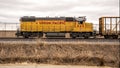 Union Pacific engine running on a track near downtown Oklahoma City.