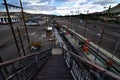 Union pacific rail yards in Laramie Wyoming pedestrian bridge over the tracks Royalty Free Stock Photo