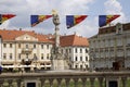 Union Square in Timisoara decorated festive with Romanian flags blown by wind