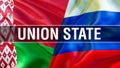 Union State on Russia and Belarus flags. Waving flag design,3D rendering. Russia Belarus flag picture, wallpaper image. Russian