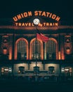 Union Station vintage neon sign at night, Denver, Colorado Royalty Free Stock Photo