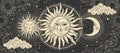 Union of sun and moon, eclipse, mental balance, spiritual marriage, Magical astrology banner, tarot background. Crescent