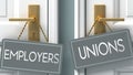 Unions or employers as a choice in life - pictured as words employers, unions on doors to show that employers and unions are