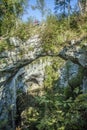 Unique arched rock bridge along a hiking trail at Rakov Skocjan in Slovenia