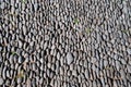 Unique arrangement of rounded stones creates a textured surface in an outdoor setting