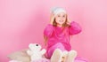 Unique attachments to stuffed animals. Teddy bears improve psychological wellbeing. Child small girl playful hold teddy