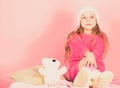 Unique attachments to stuffed animals. Teddy bears improve psychological wellbeing. Kid cute girl play with soft toy