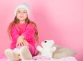 Unique attachments to stuffed animals. Teddy bears improve psychological wellbeing. Kid cute girl play with soft toy