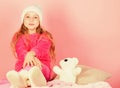 Unique attachments to stuffed animals. Teddy bears improve psychological wellbeing. Kid cute girl play with soft toy