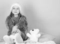 Unique attachments to stuffed animals. Teddy bears improve psychological wellbeing. Kid cute girl play with soft toy