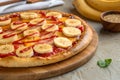 Unique banana pizza with golden crust Royalty Free Stock Photo