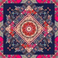 Unique bandana print. Lovely tablecloth with flower - mandala and bright ornament.