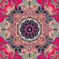 Unique bandana print. Lovely tablecloth with flower - mandala and bright ornament