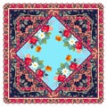 Unique bandana print with oriental ornament and floral pattern on sunny blue background