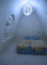 Unique beautifully decorated snow room in Snow Hotel at LumiLinna Snow Castle in Kemi, Finland