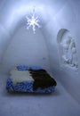 Unique beautifully decorated snow room in Snow Hotel at LumiLinna Snow Castle in Kemi, Finland