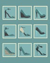 Unique blue women shoes square icons set